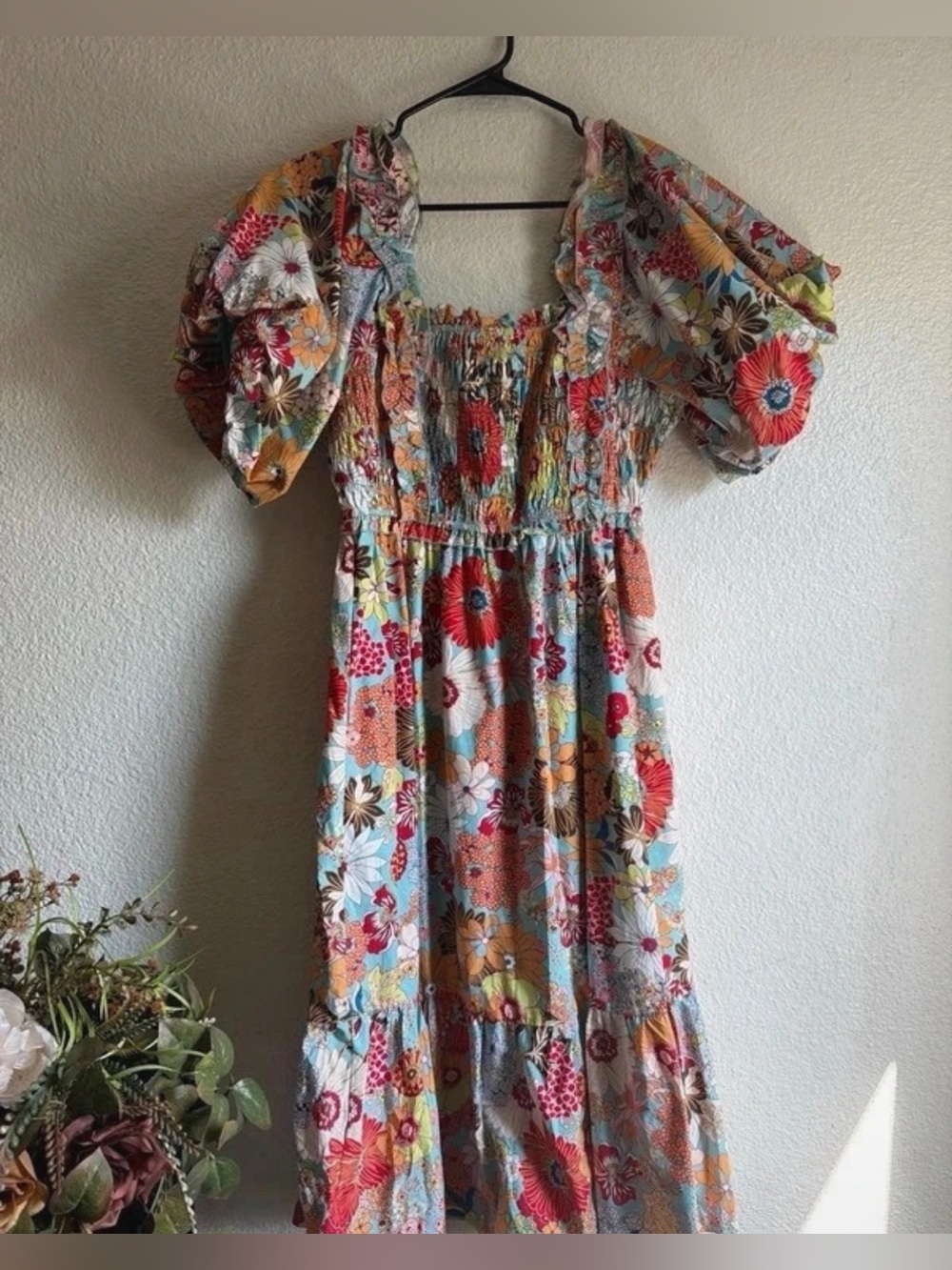 Smocked Floral Midi Dress in Multicolor